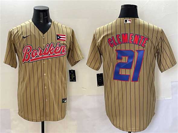 Men%27s Puerto Rico #21 Roberto Clemente Tan 2023 World Baseball Classic Stitched Jersey